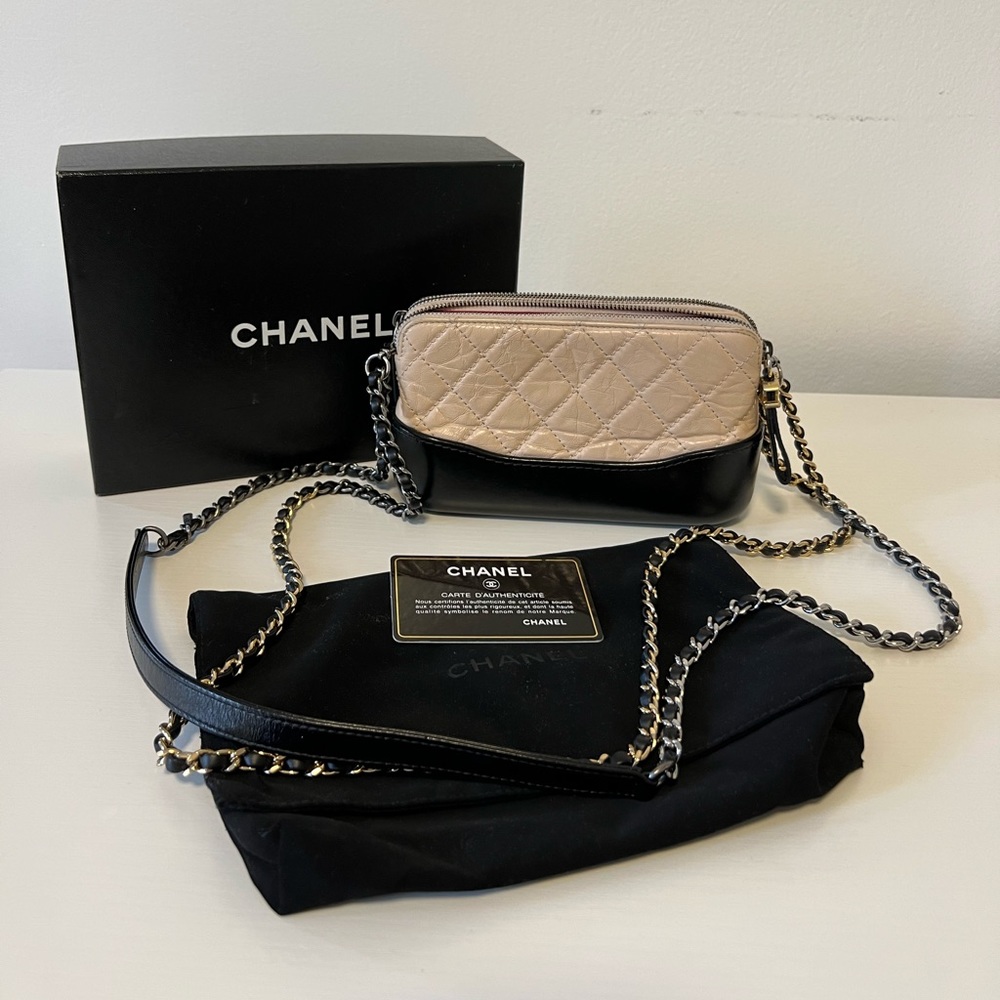 Chanel Gabrielle Double Zip Clutch With Chain Black Beige